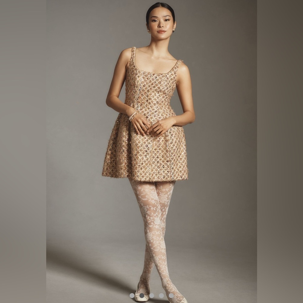 Anthropologie Tweed Fit and Flare Mini Dress with Gold Accents